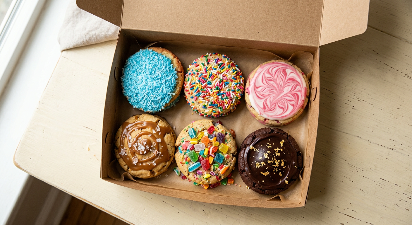 An open box of six Cookie Loco cookies, each a different decorated flavor